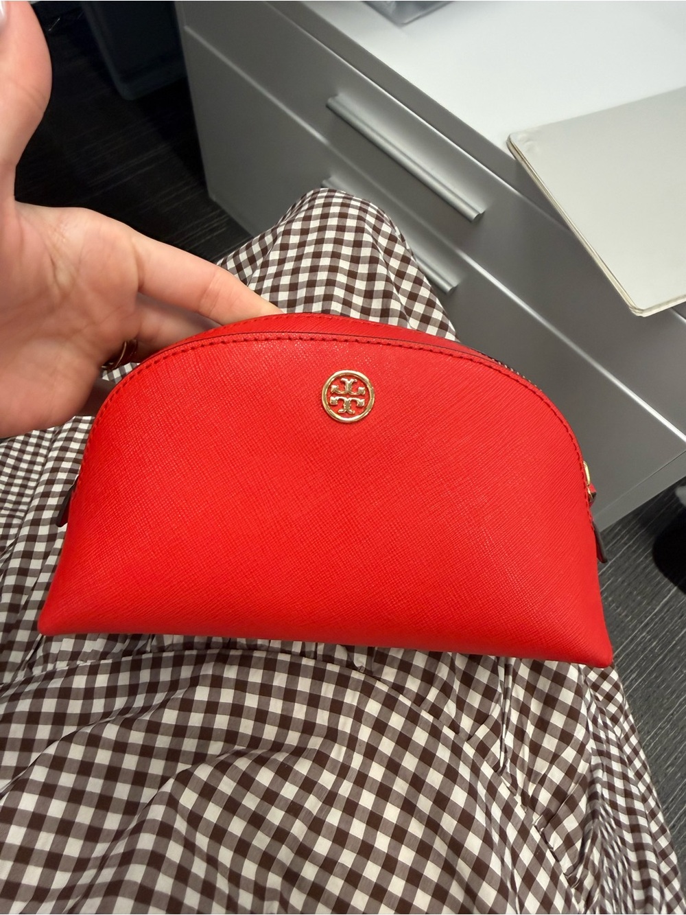 Tory Burch Red Saffiano Half-Moon Cosmetic Case with Gold Logo